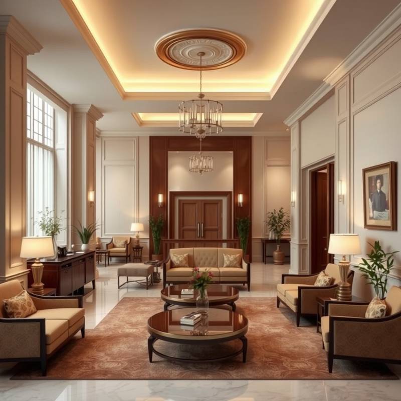 A beautifully designed hotel lobby with comfortable seating areas and elegant decor at Starlight Suites.