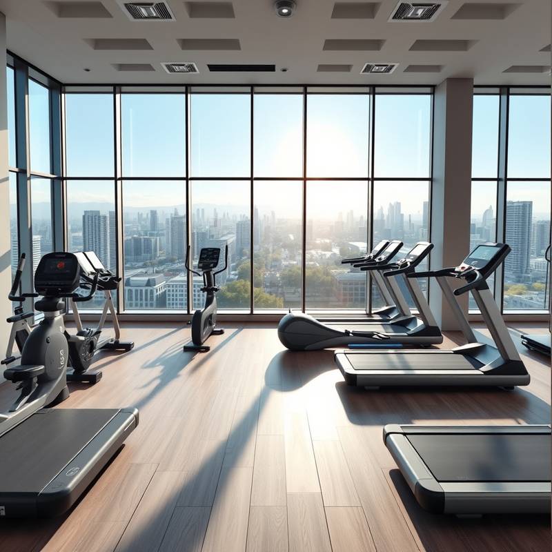 A modern fitness center at Starlight Suites, equipped with state-of-the-art exercise equipment and panoramic views.