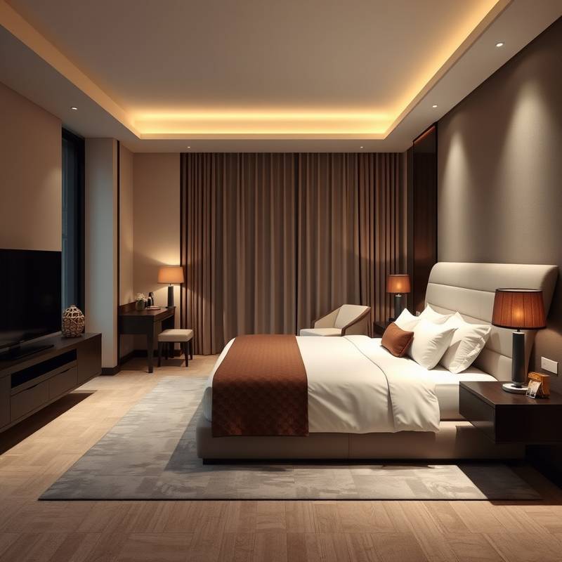 A spacious and elegantly decorated bedroom in the Deluxe Suite at Starlight Suites, showcasing a king-size bed and modern amenities.