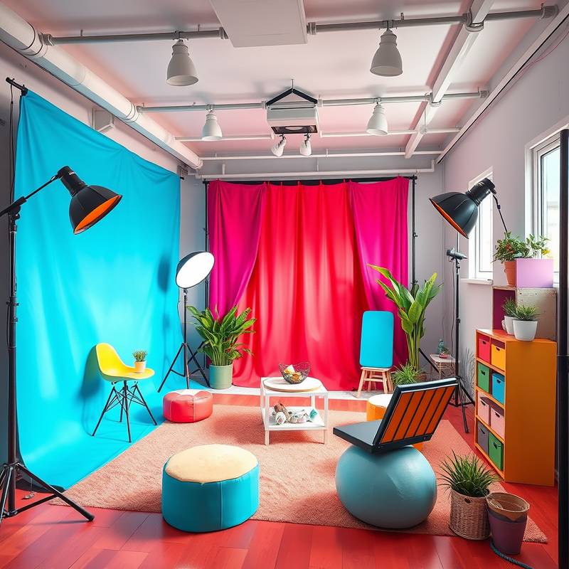 Bright and colorful photo studio room with vibrant backdrops and props