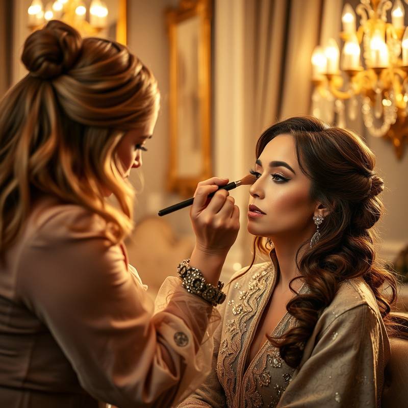 Image of a makeup artist applying makeup on a client in a luxurious setting.