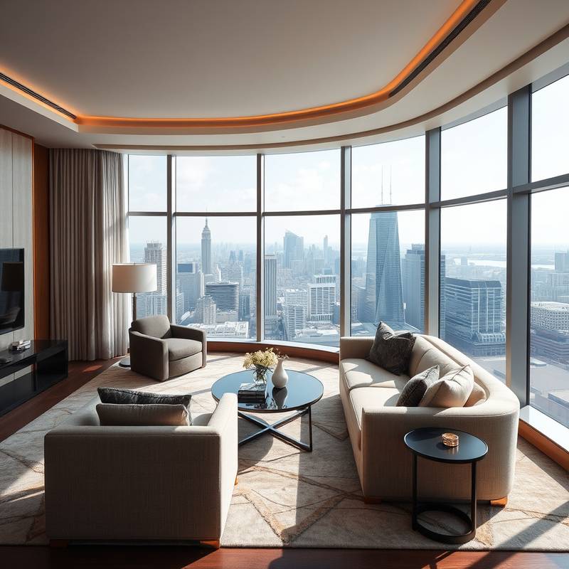 Interior view of the Presidential Suite living room at Starlight Suites, featuring plush seating and a panoramic city view.