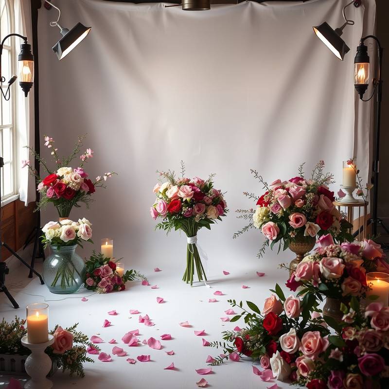 Intimate photo studio with floral arrangements and soft lighting for romantic photoshoots