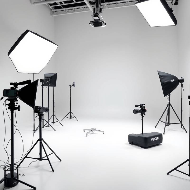 Modern photo studio room with minimalist design and high-tech equipment