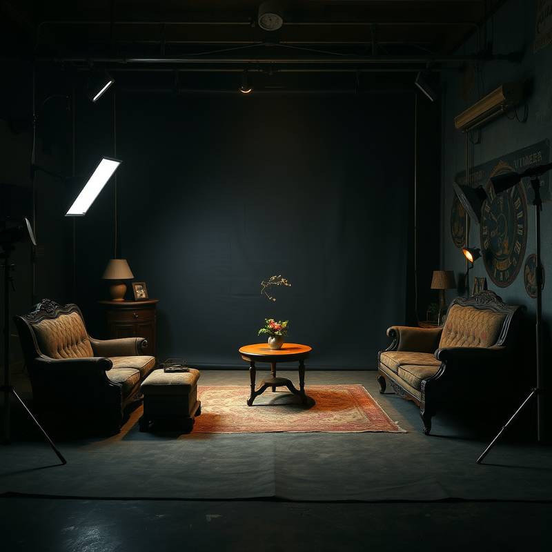Moody photo studio room with dark backdrop and vintage furniture