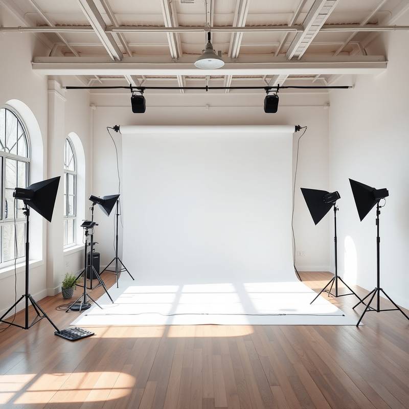 Spacious photo studio room with natural light and white backdrop