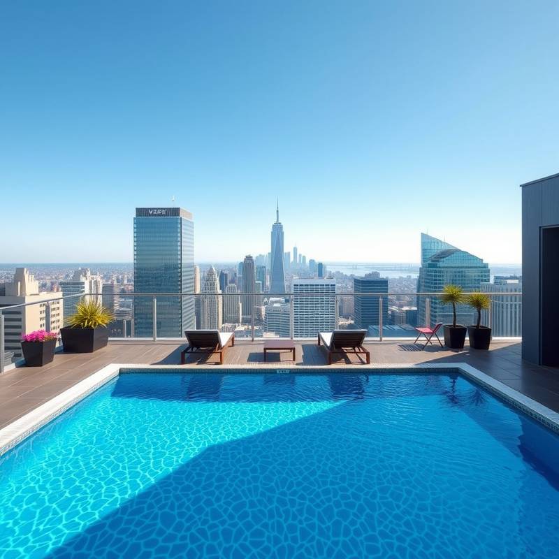 The rooftop pool area at Starlight Suites, showcasing stunning city views and comfortable lounge chairs.