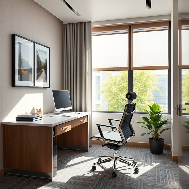 The workspace area in the Executive Suite, equipped with a modern desk, ergonomic chair, and high-speed internet access.
